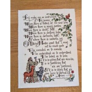 Vtg Prayer of Saint Francis Handmade CrossStitch Sampler Unframed Cardboard Back